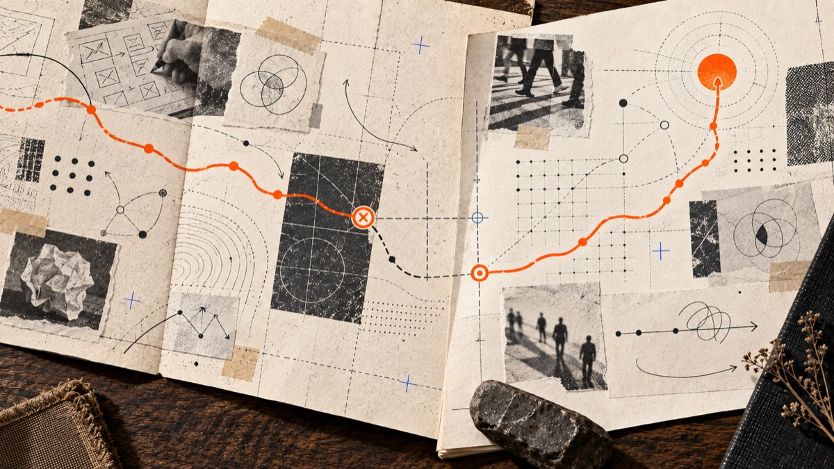 An orange path ends in one notebook, then carries its lessons into a new notebook and starts again.
