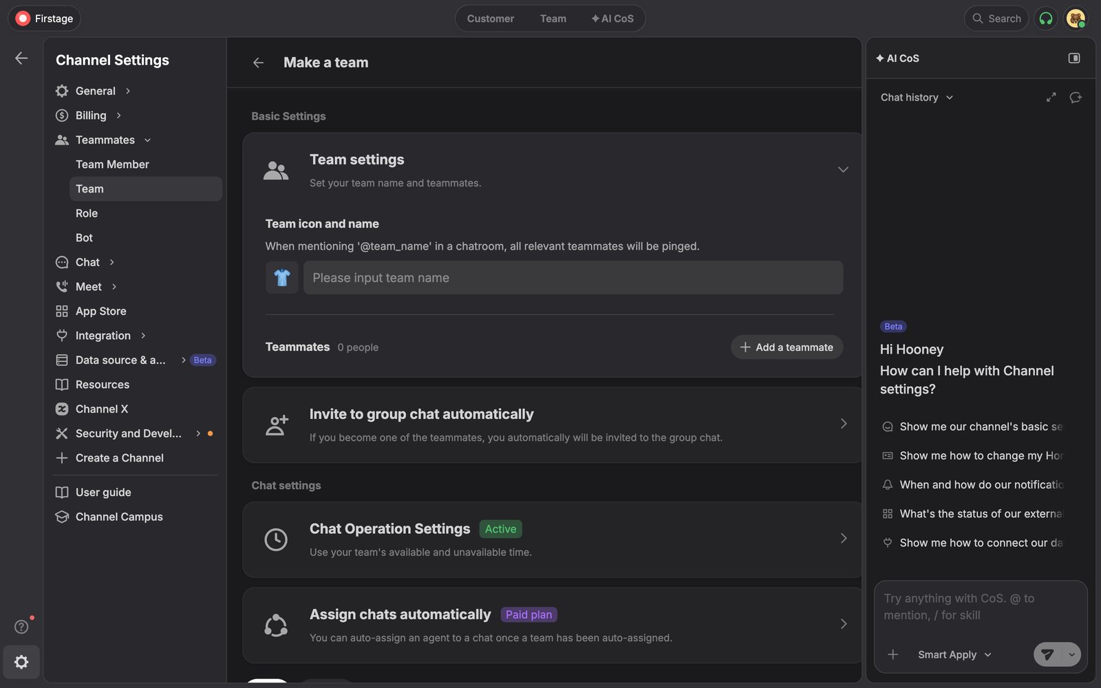 Channel Talk's Make a team screen: mentioning '@team_name' pings every teammate, and teammates, automatic group chat invites, chat hours, and automatic chat assignment are set on one page.