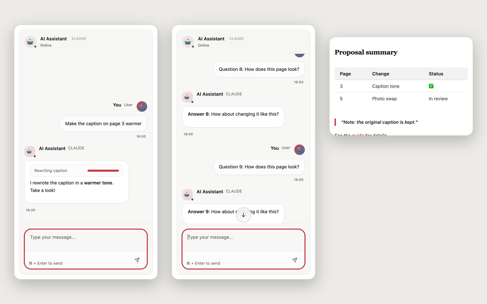 Three chats panels from Storybook: an AI reply streams with a progress indicator after a request to warm up the caption on page 3, a long conversation scrolled back shows a button to return to the latest message, and a proposal summary lists changes in a table.