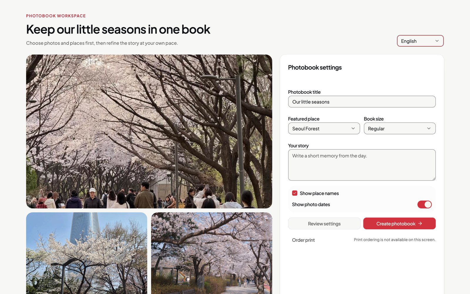 The photobook workspace showcase in the design system Storybook: cherry blossom photos beside a settings panel for the photobook title, featured place, book size, and story.