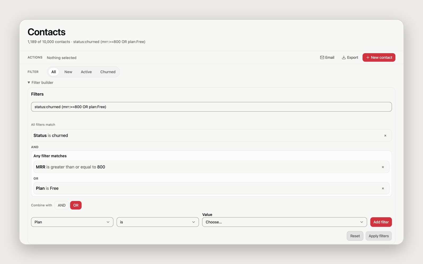 The kuery filter builder inside the CRM example in the grids Storybook. The text condition 'status:churned (mrr:>=800 OR plan:Free)' unfolds into a status chip and an OR group of MRR at least 800 or the Free plan, and the header shows 1,189 of 10,000 contacts.