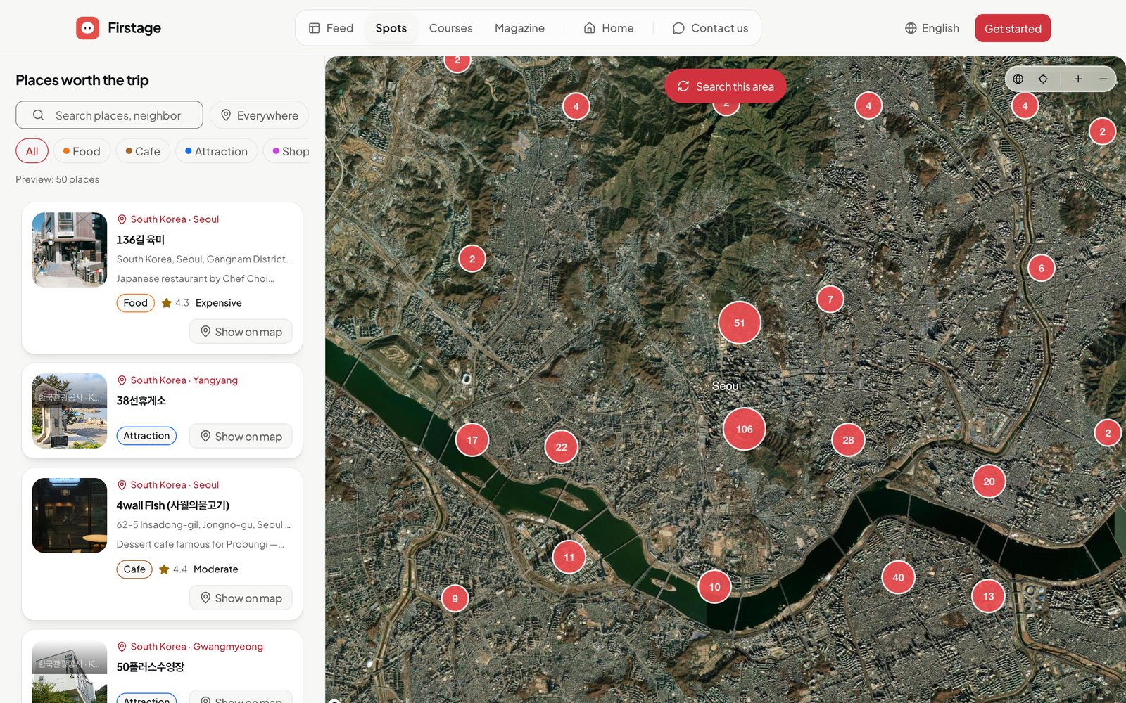 Place discovery on the Firstage homepage: clusters counting places over a satellite map of Seoul, a place list on the left, and a 'Search this area' button on top.