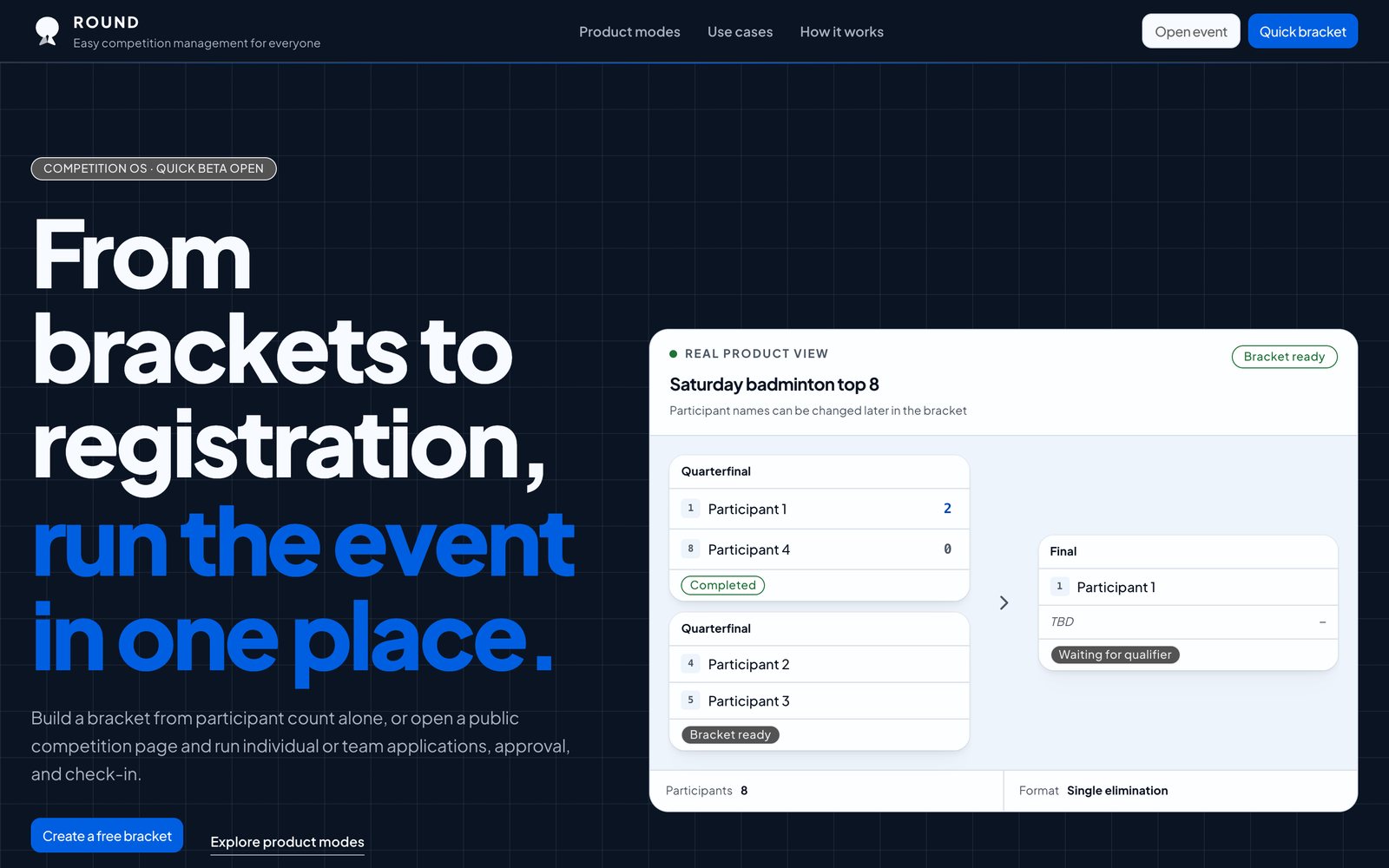 The ROUND home screen, with the headline 'From brackets to registration, run the event in one place.' beside a sample bracket for a top 8.